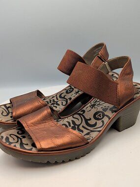 FLY London Leather Strap Chunky Heeled Sandals Woze Blush Gold Us 8 Y2K Boho